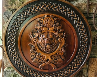 24” Hand-Carved Viking Bear Wooden Shield – Celtic Knot Border, Norse Medieval Home Wall Deco