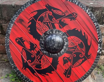 Bouclier de collection authentique de 61 cm (24 pouces), fait main, orné d'un motif de dragon prêt au combat, de couleur rouge et noire.
