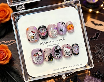 Faux ongles Halloween à coller, ensemble d'ongles courts, ronds, effrayants et mignons, style kawaii, faits main, motif fantôme, citrouille, toile d'araignée, dessin animé d'automne