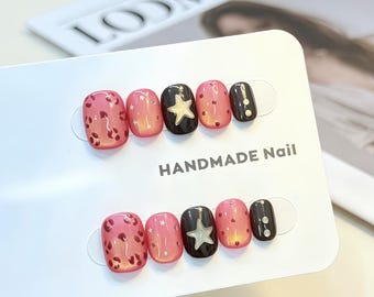 Handmade Pink Star Press On Nails: Cute Glossy Short Nails, Black Pink Nail Set, Kawaii Press On Nails, Round Short Square Medium Oval