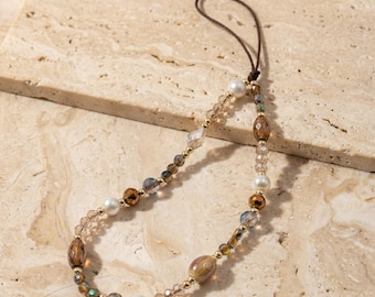 Crystal Beaded Phone Charm Strap: Earth Tone Boho Wristlet, Lightweight Lanyard
