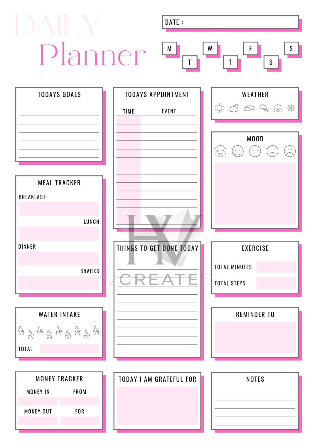 Pink Daily Planner Printable | Productivity Planner | Undated PDF ...