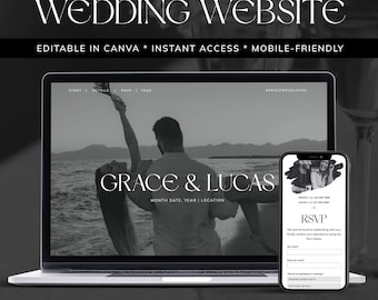 Black and White Wedding Website Template | Editable, Built-in Trackable RSVP | Digital Download (Canva)