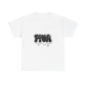 May include: White t-shirt with the word "PIVA" in a black, bubble-style font with a dripping effect. The design is centered on the front. The shirt has a classic crew neck and short sleeves.