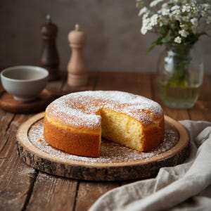 May include: A round, golden-brown cake with a slice removed, dusted with powdered sugar, sits on a wooden serving board. The cake is on a rustic wooden table, with a small bowl, salt and pepper shakers, and a vase of white flowers in the background.