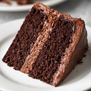 以下が含まれることがあります： 白いお皿にのったチョコレートケーキのスライス。ケーキは、2層のダークチョコレートケーキと、その間に明るいチョコレートフロスティングがあります。フロスティングはケーキの上面と側面を覆っています。