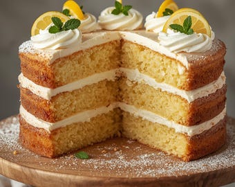 May include: A layered lemon cake with white frosting between the layers and on top. The cake is decorated with whipped cream, lemon slices, and mint leaves. It sits on a wooden cake stand.