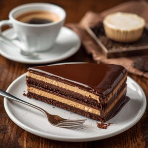 Könnte beinhalten: Ein Stück mehrschichtiger Schokoladenkuchen mit glänzender Schokoladenglasur liegt auf einem weißen Teller neben einer silbernen Gabel. Eine Tasse Kaffee und ein kleines Dessert befinden sich im Hintergrund, alles auf einer Holzoberfläche.