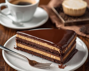 May include: A slice of layered chocolate cake with a glossy chocolate glaze sits on a white plate next to a silver fork. A cup of coffee and a small dessert are in the background, all on a wooden surface.