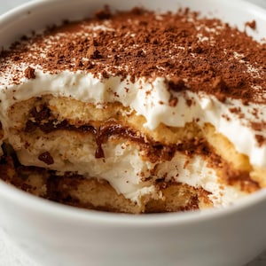 Könnte beinhalten: Nahaufnahme von Tiramisu in einer weißen Schüssel. Das Dessert besteht aus Schichten von Löffelbiskuits, cremigem weißen Mascarpone und einer Bestäubung mit Kakaopulver. Ein Teil des Desserts fehlt, wodurch die Schichten sichtbar werden.