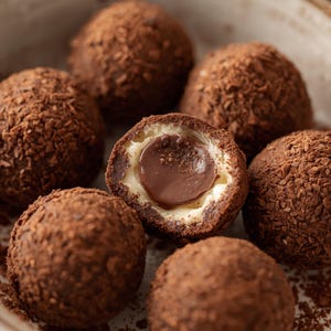 May include: Close-up of chocolate truffles. The truffles are round and coated in cocoa powder. One truffle is cut open, revealing a creamy white filling and a dark chocolate centre. The truffles are arranged in a light-coloured dish.