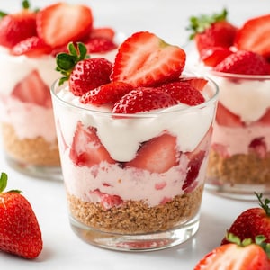 May include: Three clear glasses filled with layered strawberry desserts. The base is a crumbly, light brown layer, followed by a pink cream, a white cream, and topped with fresh, red strawberries. The desserts are on a white surface.