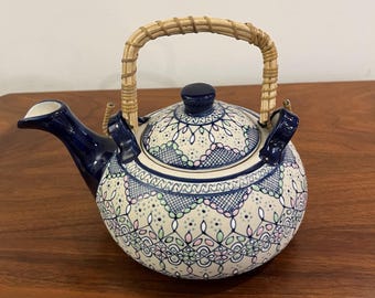 Servin Ceramic Teapot with Blue, White, Pink and Green Intricate Patterns