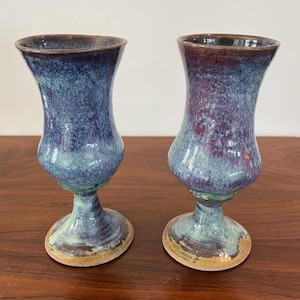 Set of 2 Decorative Art Pottery Stemmed Goblets with Blue and Purple Glaze Signed