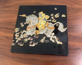Vietnamese Lacquer Painting of Warrior on Horse with Crushed Eggshell and Metallic Gold Pigments