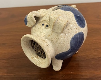 Hand-Crafted Studio Art Stoneware Piggy Bank with Blue Glaze