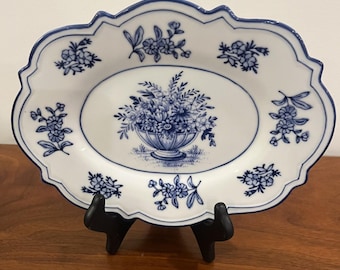 Oval Blue and White Porcelain Plate with Scalloped Edges