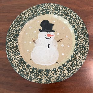 Hand-Painted Spongeware Ceramic Snowman Plate by Three Rivers Pottery