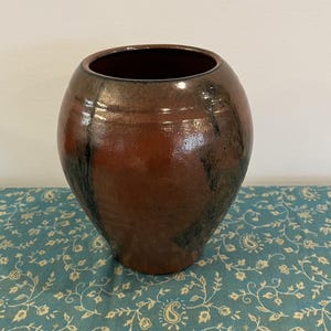 Hand Thrown Soda-Fired Studio Pottery Vase with a Reddish Brown Glaze