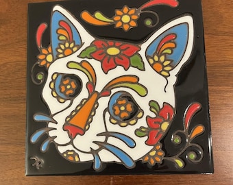 Day of the Dead Cat Hand-Crafted Ceramic Tile in Sugar Skull Style