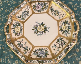Nippon Noritake Hand-Painted Octagonal Plate with Flowers and Gold Trim