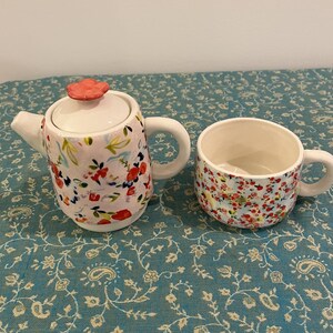 Anthropologie Ceramic Floral Tea for One Stackable Teapot and Teacup Combination image 2
