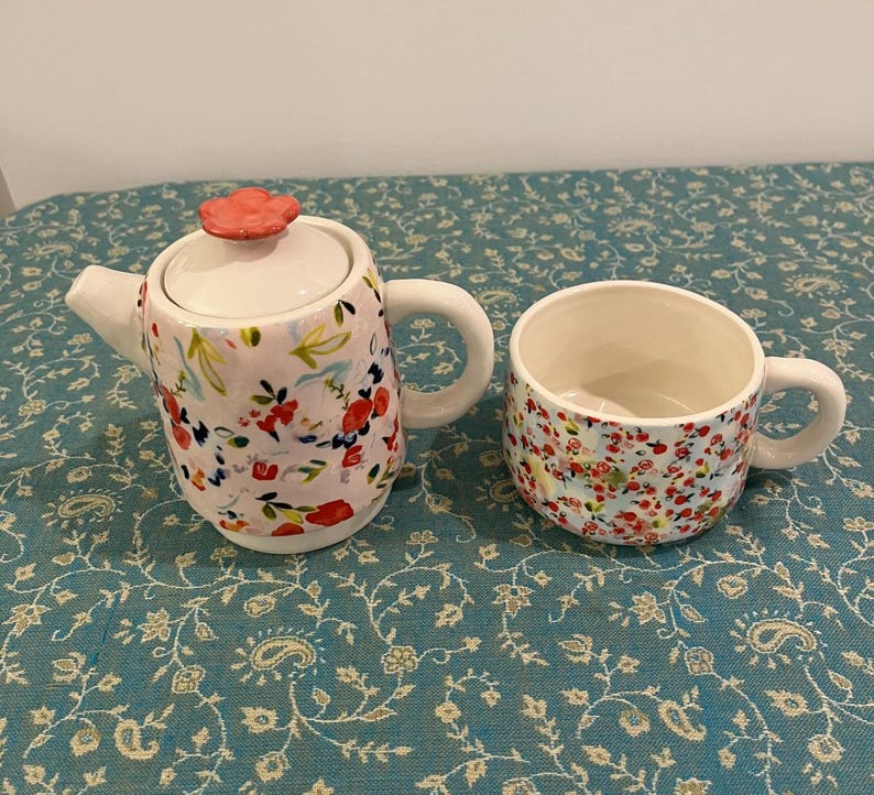 Anthropologie Ceramic Floral Tea for One Stackable Teapot and Teacup Combination image 2