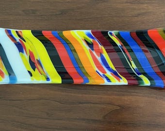 Fused Glass Art Tray with Abstract Multi-Color Design