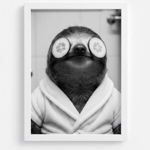 May include: Monochrome framed print featuring a sloth wearing a white bathrobe and cucumber slices over its eyes. The image evokes a sense of relaxation and spa day, with the sloth as the central focus.