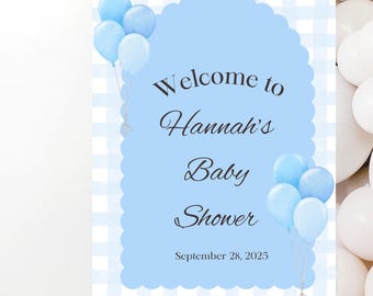 Baby Blue Gingham Baby shower Welcome sign Template