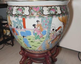 Hand Turned 18X16" Porcelain Fishbowl Ceramic Pot with Stand