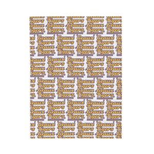 May include: White fabric featuring a repeating pattern of the words "Tigers" and "Geaux" in a retro font. The text is in gold and purple, set against a white background.