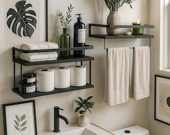 Rustic Wood Floating Shelves with Black Metal Frame - Set of 2