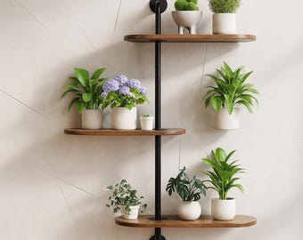 Rotating Window Plant Shelves 3-Tier | Carbonized Wooden Window Shelf for Plants | Space-Saving Corner Sill Plant Stand