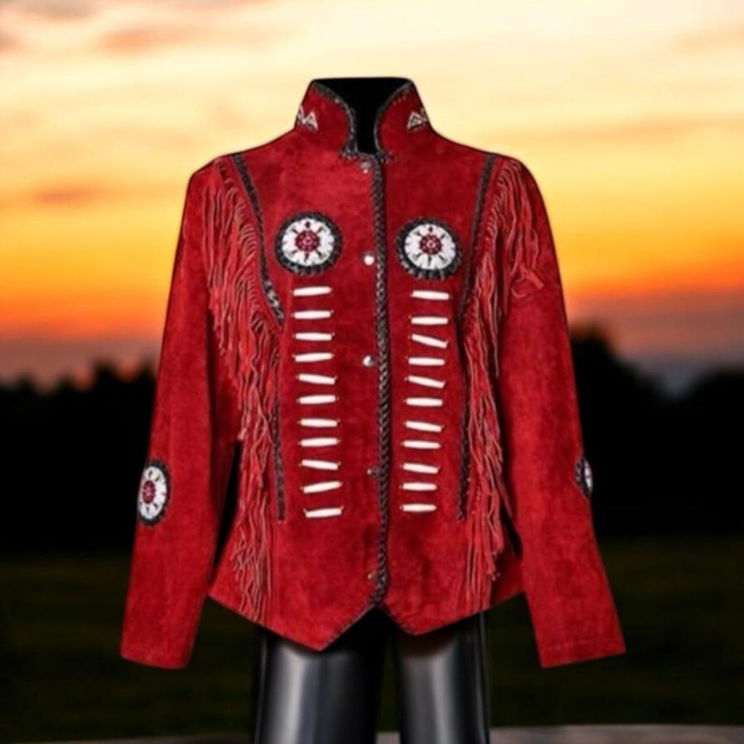 Women Red Suede Leather Fringe Jacket - Western Cowgirl Beaded Jacket ...