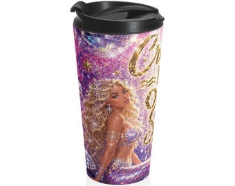 Caneca de Viagem "Criando Meu Próprio Splash" | Aço Inoxidável com Aquarela de Sereia Galáctica