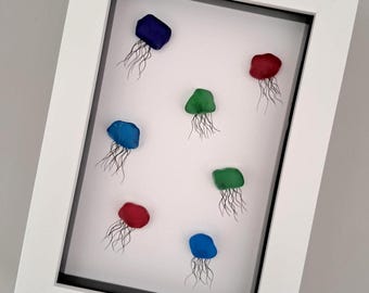 Handmade Scottish Sea Glass Jellyfish Wall Art – Framed Coastal Decor