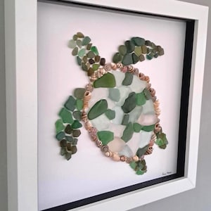 Sea Glass and Shell Turtle Artwork:  Framed Original Coastal Wall Decor