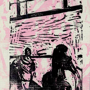 May include: Abstract art print with a pink and black color scheme. The artwork features a window and two figures, with a textured, linocut style. The print has a vintage aesthetic.