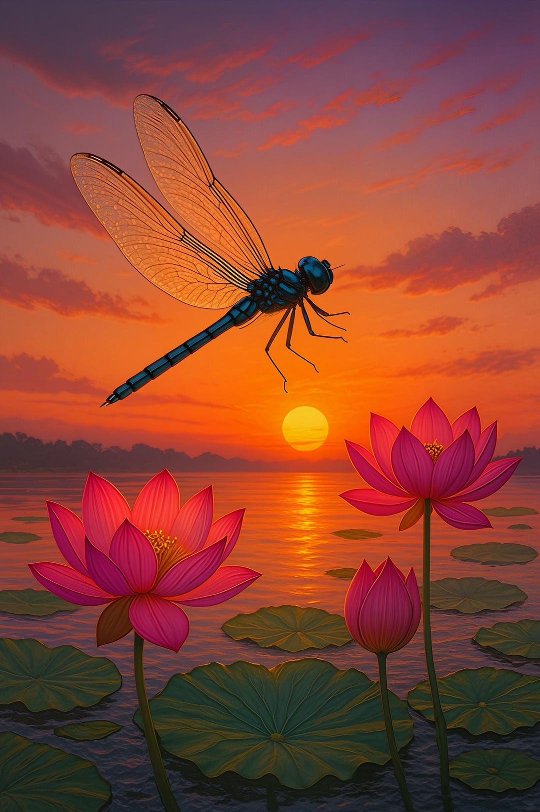 Dragonfly & Lotus With Sunset Poster 8″ X 10″: Vibrant Nature Wall Art ...