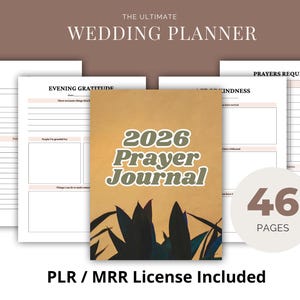 Peut inclure: Un planificateur de mariage avec le texte "THE ULTIMATE WEDDING PLANNER" en haut. Le planificateur comprend des pages pour les sermons, la gratitude et les demandes de prière. La couverture du Journal de prière 2026 est visible, avec le texte "46 PAGES".