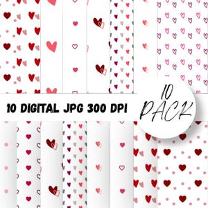 Peut inclure: Une collection de dix motifs numériques présentant divers cœurs dans des tons de rouge, rose et gris sur fond blanc. L'image inclut le texte 10 DIGITAL JPG 300 DPI et 10 PACK, illustrant des formes de cœurs répétitives et des pois.