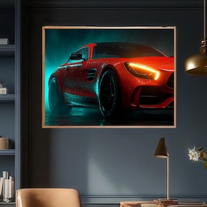 Red Sports Car Wall Art Modern Automotive Canvas or Poster Luxury Car in Rain Scene Bold Lighting Design Garage or Office Décor