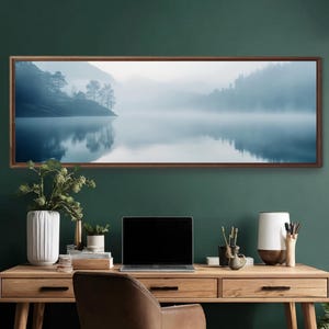 Misty Lake Panoramic Canvas Wall Art, Framed Canvas Nature Wall Decor Tranquil Water Landscape Print Scenic Foggy Forest Artwork