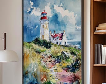 May include: A framed watercolor painting of a lighthouse with a red top, set against a blue sky and ocean. The artwork hangs above a white sofa adorned with brown and cream-colored pillows. A wooden coffee table and a floor lamp are in the foreground.