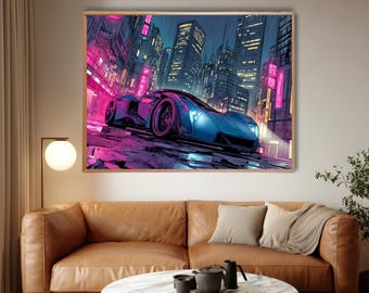 Cyberpunk Supercar Wall Art Neon Rain City Nightscape