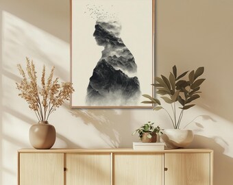 Mountain Silhouette Wall Art Monochrome Double Exposure Portrait