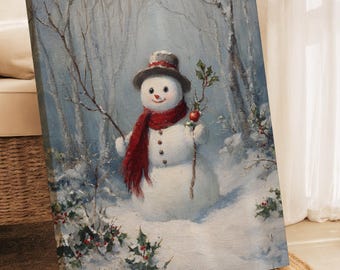 Arte de parede vintage com boneco de neve e cachecol vermelho, tela decorativa para as festas de inverno ou pôster de Natal.