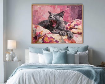 Cat Portrait Wall Art Yawning Kitten Impressionist Pink Cozy Bedroom Scene