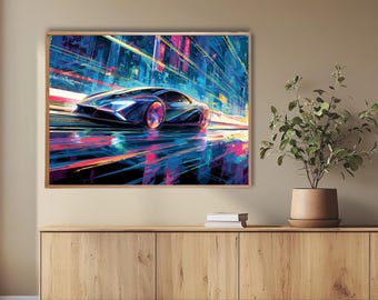 Neon Supercar Wall Art Futuristic Cyberpunk Street Racing Scene